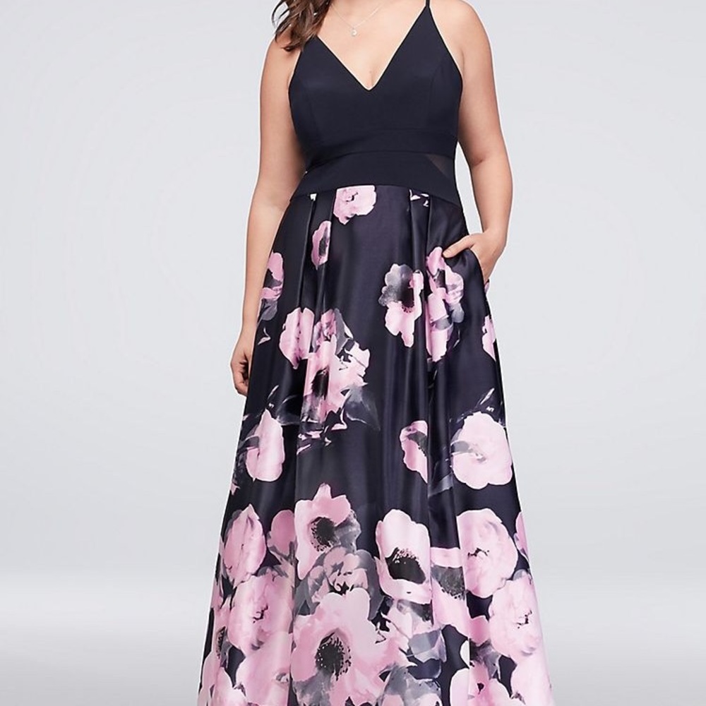 V neck jersey satin printed ball gown